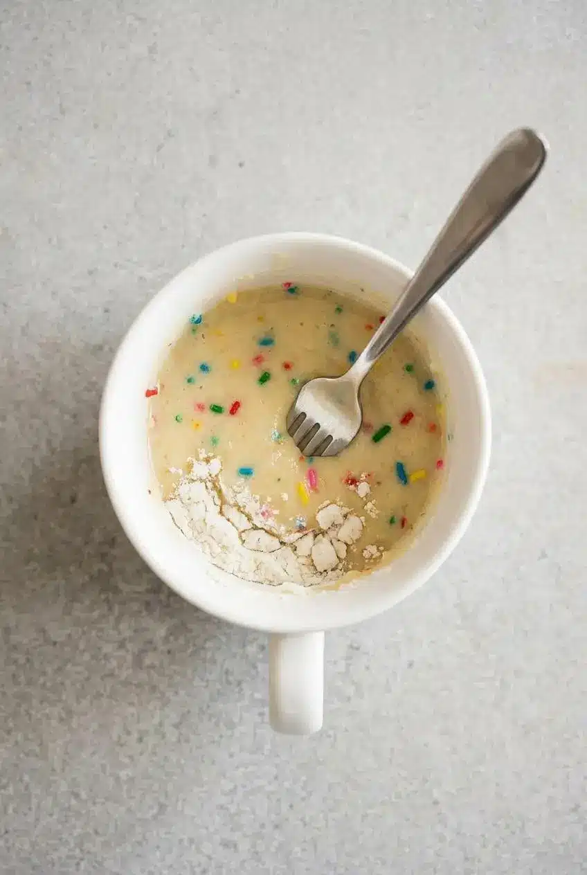An overhead view of a mug with cake batter, showing a pocket of dry flour at the bottom revealed by a fork, illustrating a common mixing