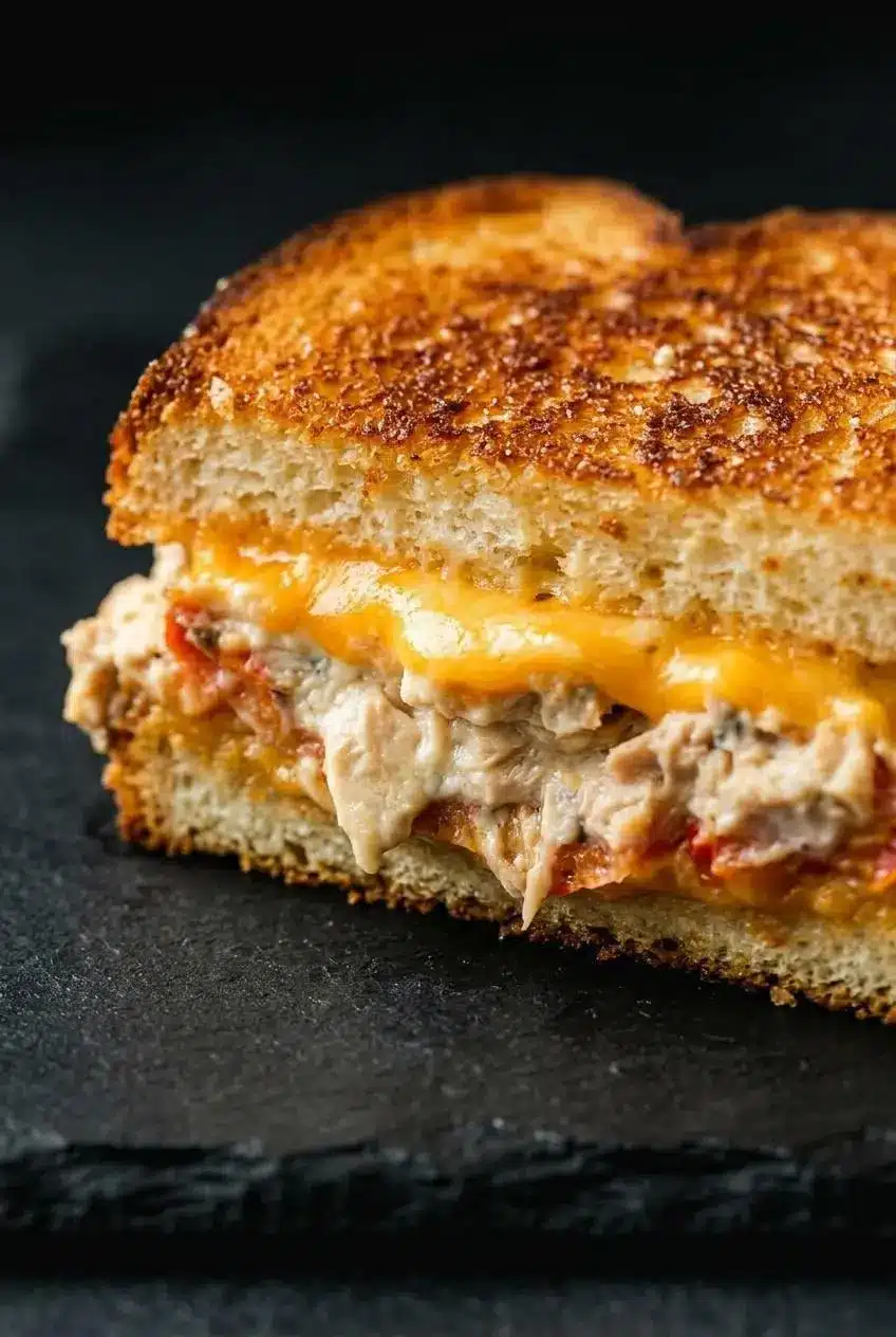 Extreme close-up on the corner of a tuna melt, showing the deep golden, crispy texture of the bread and melted cheese oozing from the side.