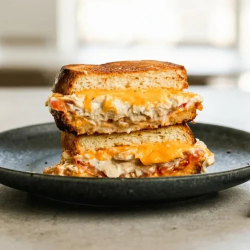 A perfect Tuna Melt Recipe sandwich cut diagonally, revealing a creamy tuna salad filling and gooey melted cheese on golden, crispy bread.