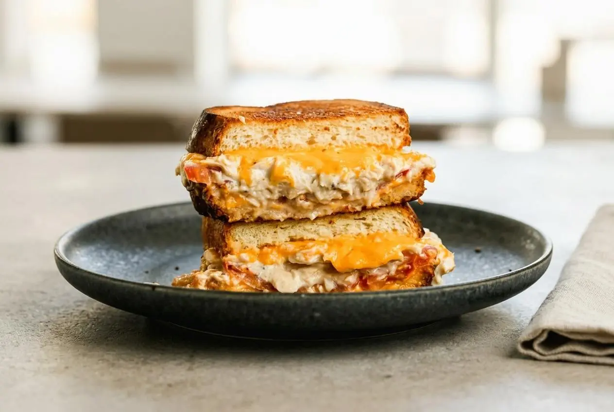 A perfect Tuna Melt Recipe sandwich cut diagonally, revealing a creamy tuna salad filling and gooey melted cheese on golden, crispy bread.