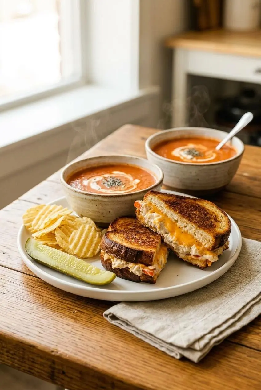 A tuna melt sandwich served on a white plate with a bowl of tomato soup, a dill pickle spear, and a side of potato chips.