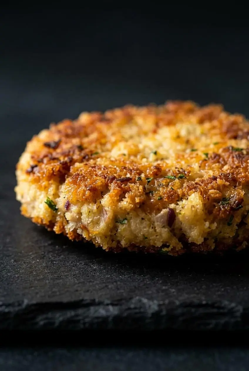 A close-up, side-lit image of a single, perfectly formed tuna patty on a dark slate surface, highlighting its ultra-crispy panko crust.