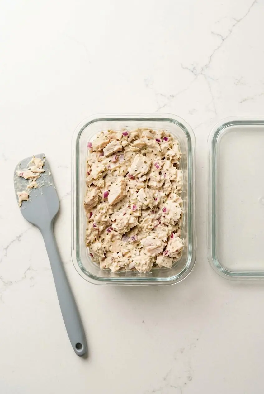 Overhead view of creamy tuna salad in a rectangular glass container, ready for storage, with the lid resting beside it.
