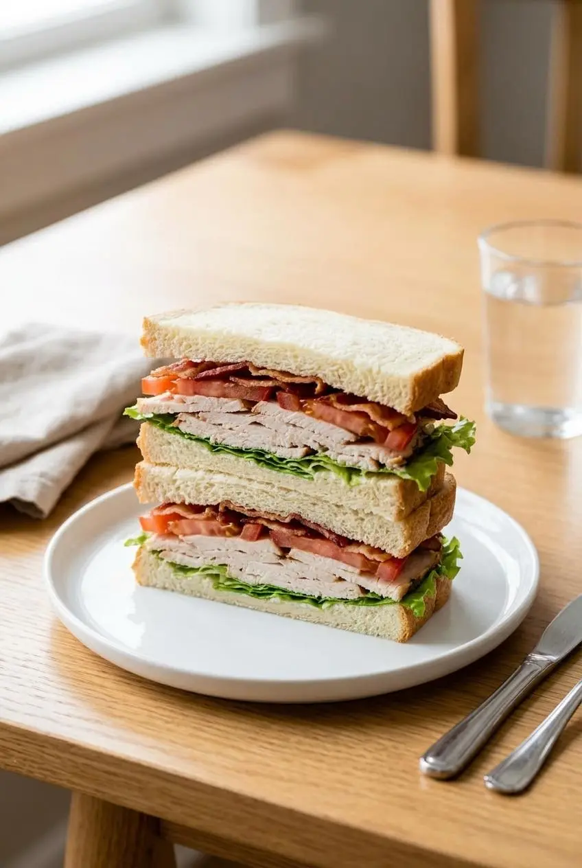 A tall turkey club sandwich made with thick slices of homemade white bread, cut diagonally and stacked to show layers of turkey, bacon