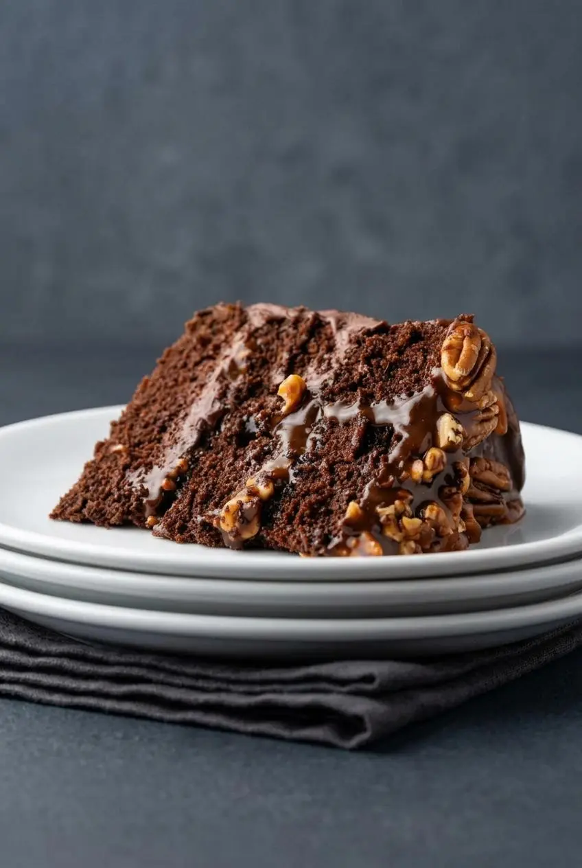 Close-up of a turtle cake slice showing moist chocolate layers, gooey golden caramel, and crunchy toasted pecans.