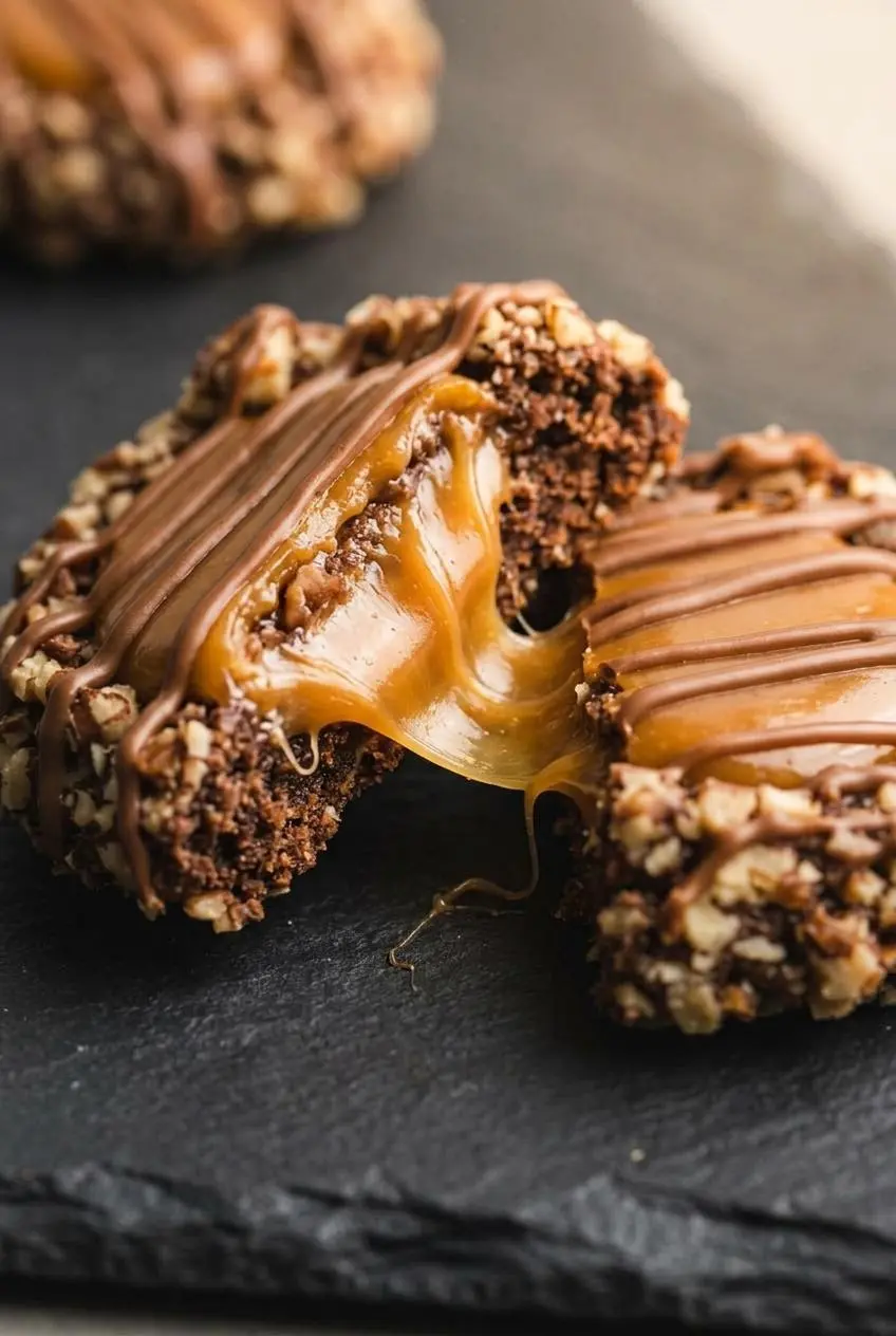 A chocolate pecan turtle cookie broken in half to show a gooey, stretchy caramel filling that is dripping slightly.