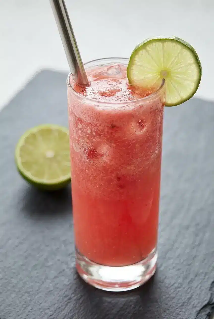 A close-up macro shot of an unstrained watermelon drink in a glass, showing the vibrant pink color and fine pulp fibers.