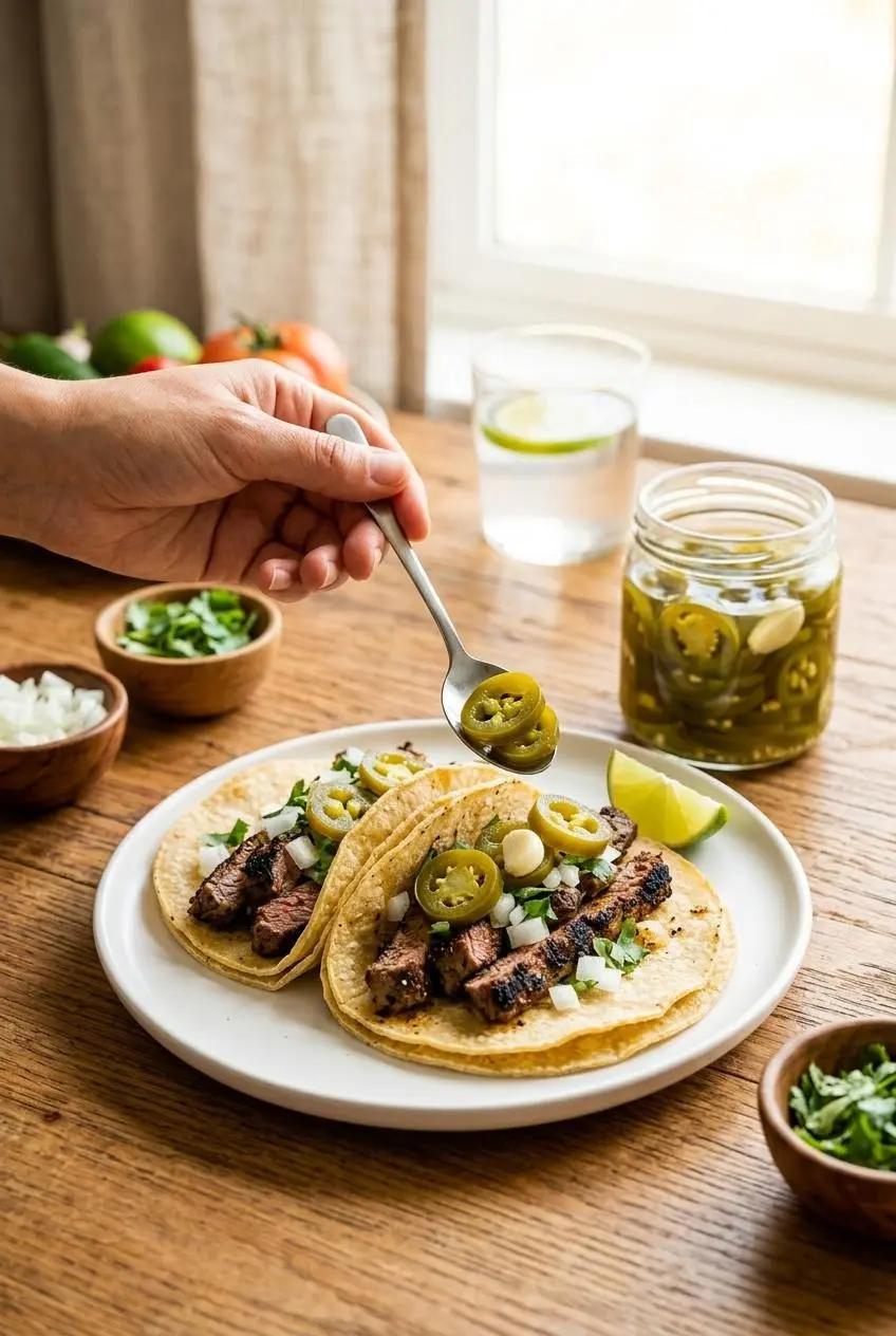 A hand using a spoon to add a generous portion of sliced pickled jalapeños from a jar onto carne asada street tacos.