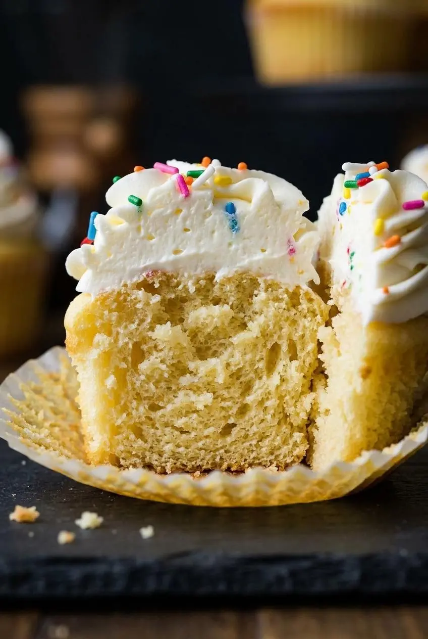 A vanilla cupcake cut in half, showing a close-up of the light, tender, and moist crumb structure.