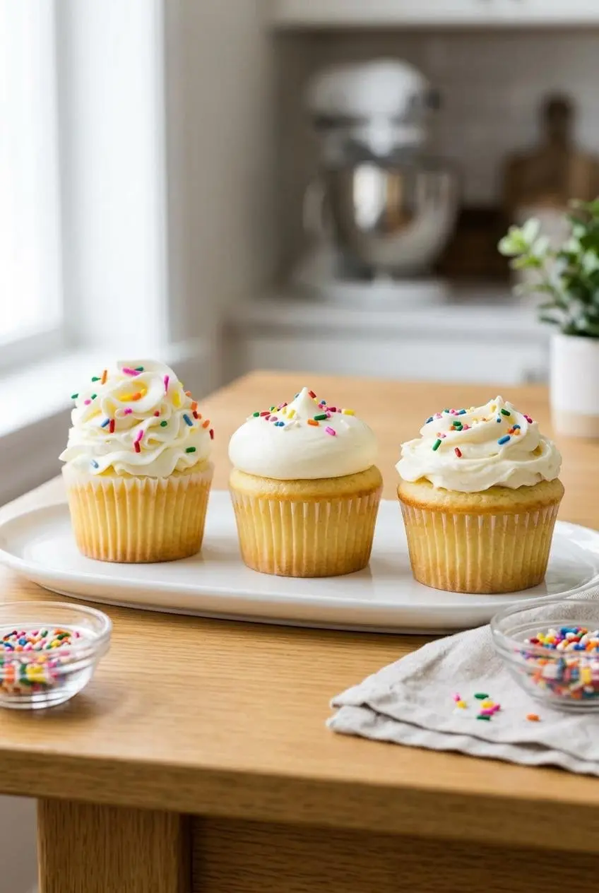 Three vanilla cupcakes on a white platter, each with a different style of white frosting to show decorating ideas.