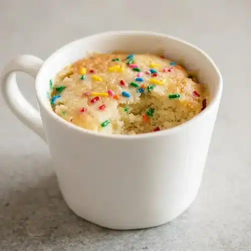 A soft and fluffy vanilla mug cake with colorful sprinkles baked inside, served in a simple white mug.