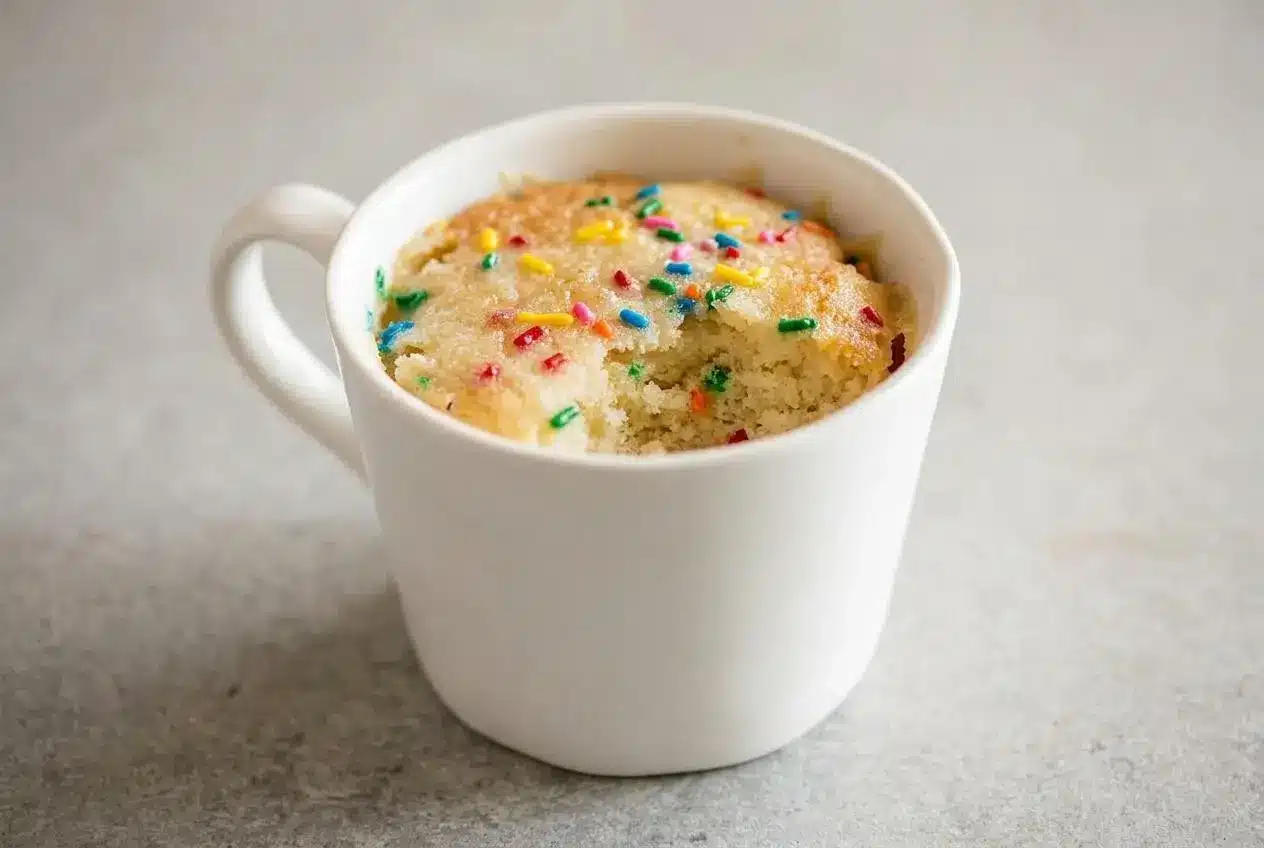 A soft and fluffy vanilla mug cake with colorful sprinkles baked inside, served in a simple white mug.
