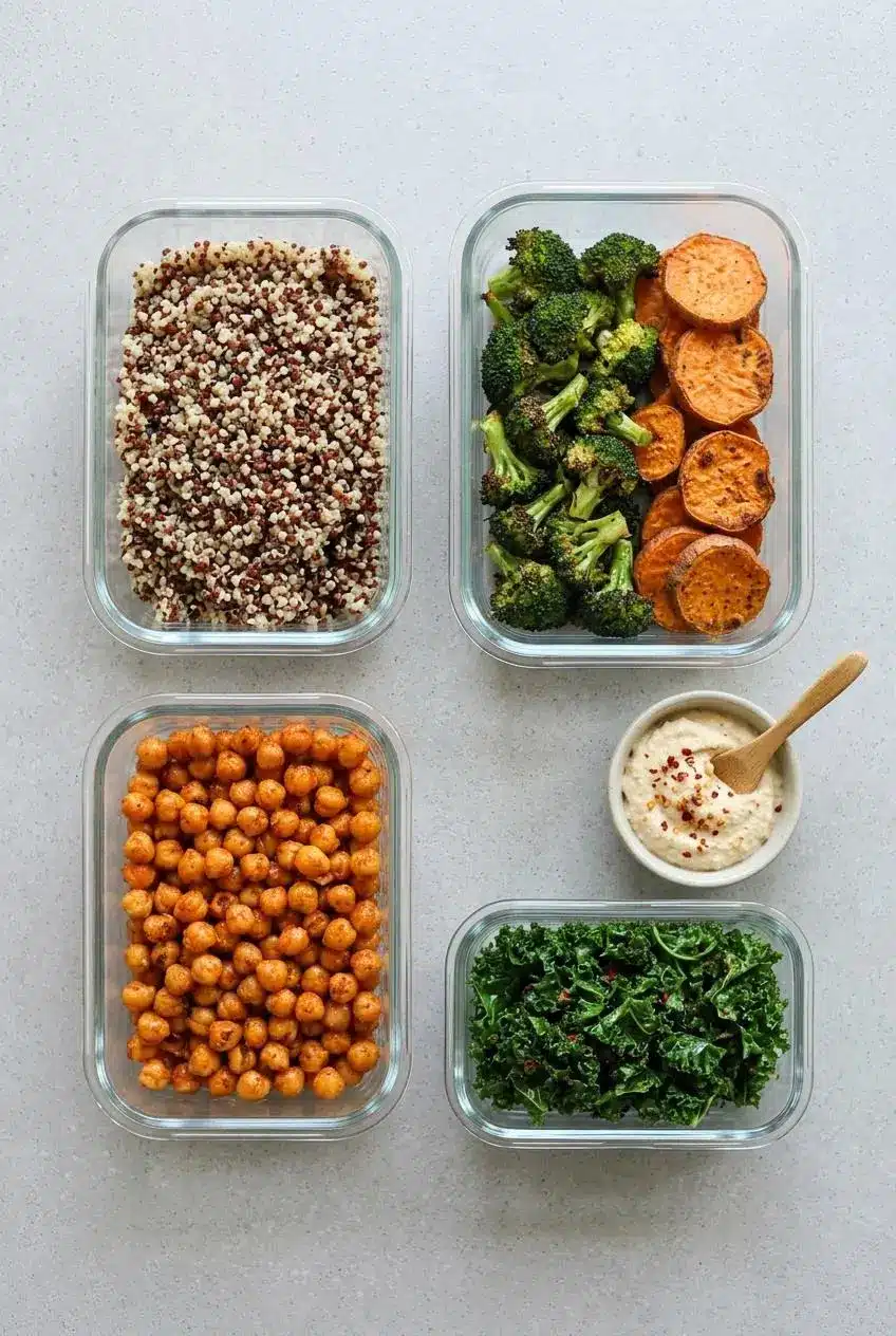 Overhead view of four glass meal prep containers with quinoa, roasted vegetables, chickpeas, and kale stored separately on a kitchen