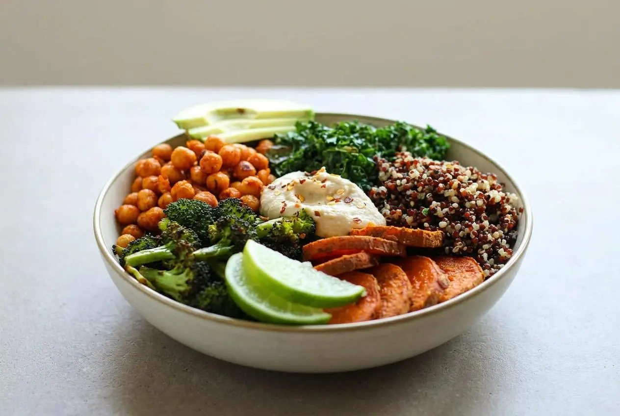 A vegan quinoa bowl filled with fluffy quinoa, roasted broccoli, sriracha chickpeas, and curry sweet potatoes in a white ceramic bowl.
