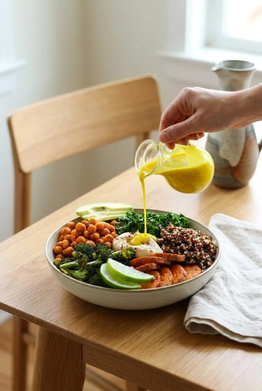 A hand drizzling a bright yellow turmeric-ginger dressing from a glass cruet onto a vegan quinoa bowl on a wooden table.
