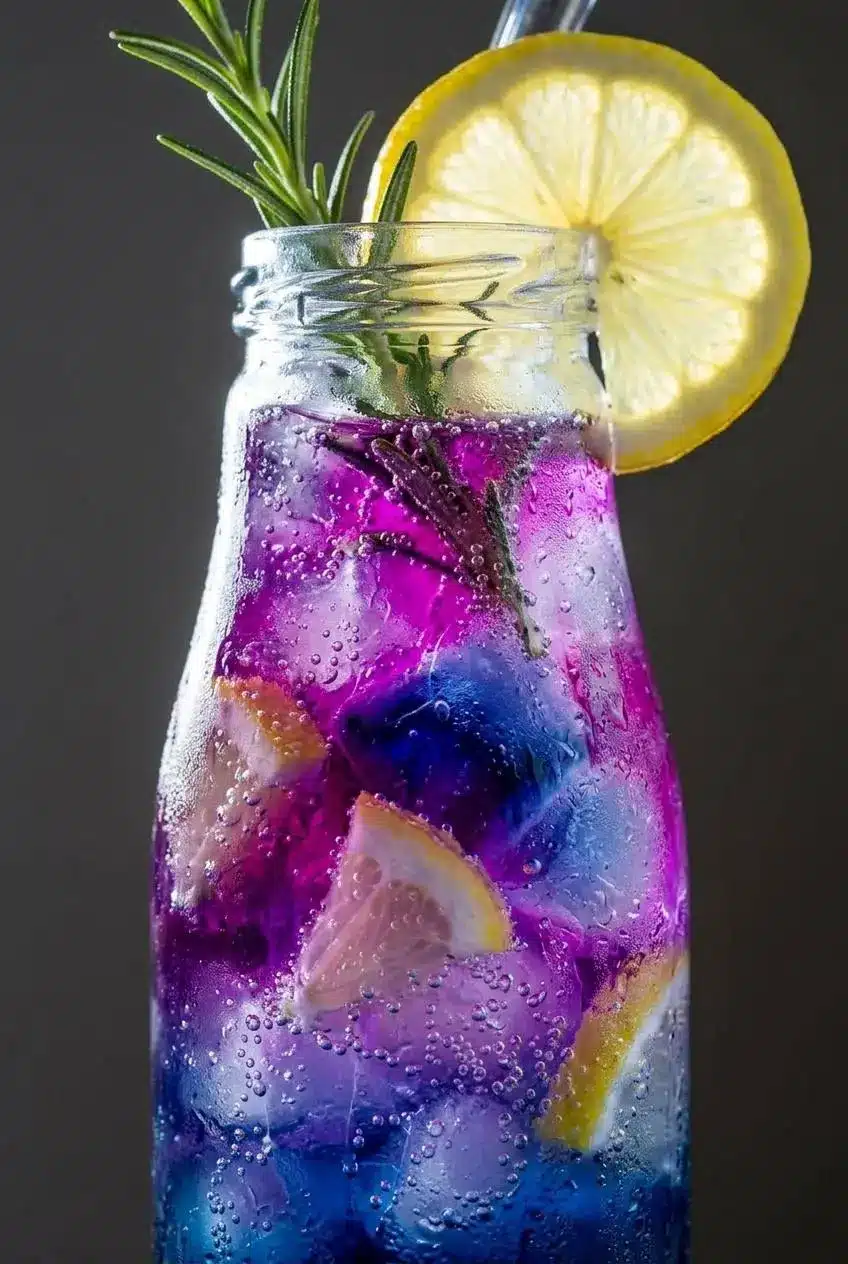 A macro close-up of butterfly pea flower lemonade in a glass, showing tiny soda bubbles rising through the purple liquid and a dark blue ice