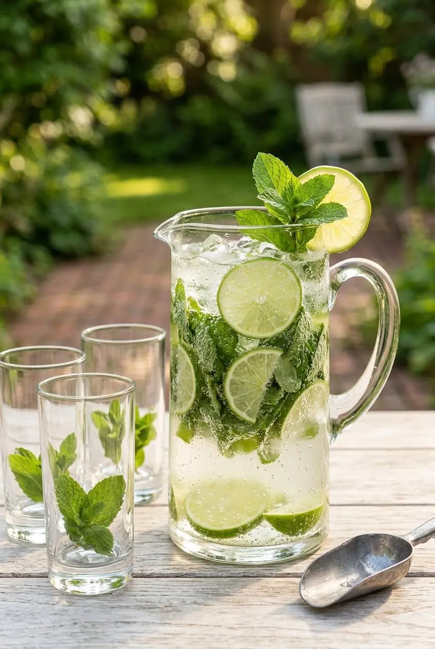A large glass pitcher of Virgin Mojito, full of ice, mint sprigs, and lime wheels, on a sunny patio table with two empty glasses ready to be