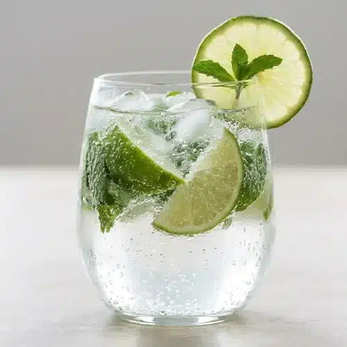 A tall, bubbly glass of Virgin Mojito filled with ice, fresh mint leaves, and a lime wheel garnish.