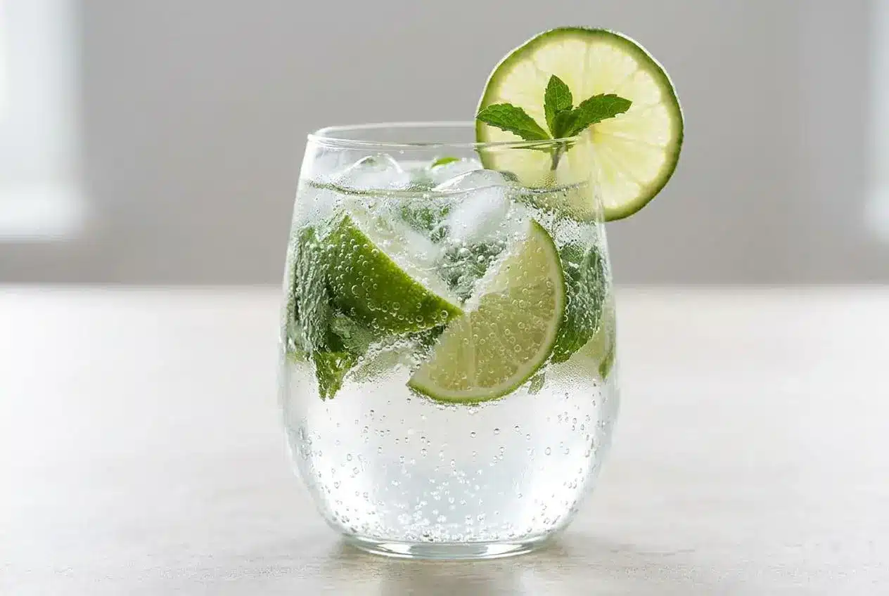 A tall, bubbly glass of Virgin Mojito filled with ice, fresh mint leaves, and a lime wheel garnish.