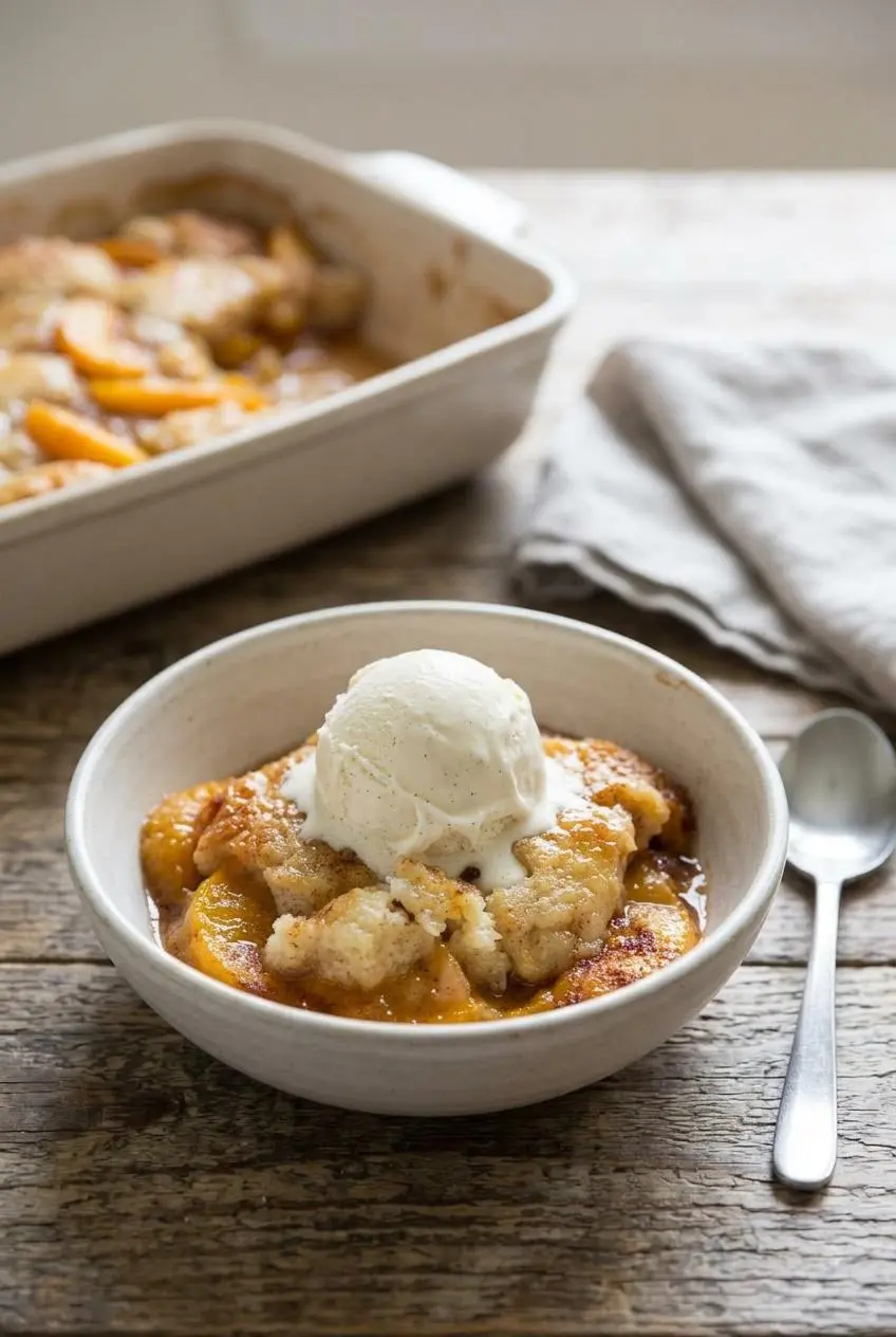 A warm serving of peach cobbler in a white bowl topped with a melting scoop of vanilla bean ice cream.