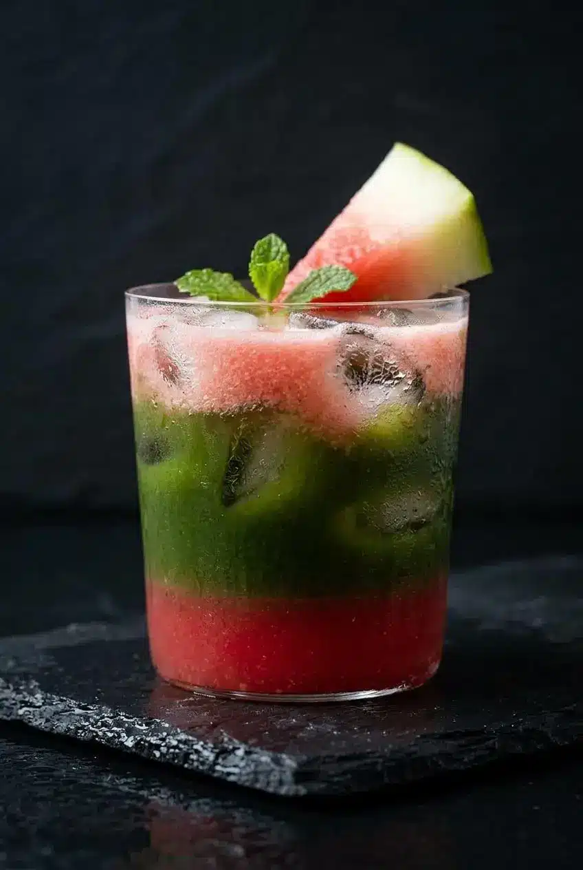 A macro close-up of a layered drink in a glass, showing the sharp separation line between pink watermelon juice and green matcha.