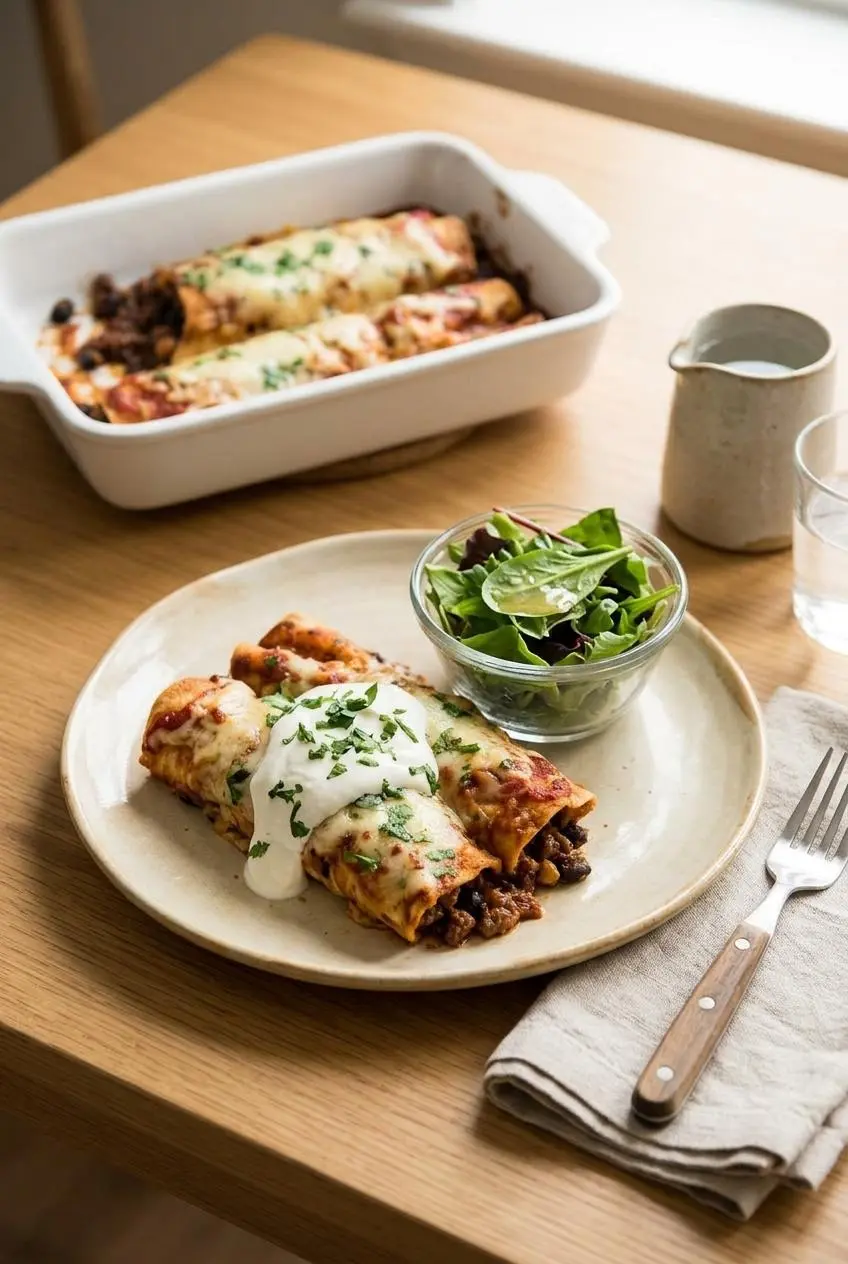 A plate with two beef enchiladas topped with sour cream and fresh cilantro, served with a simple green side salad.