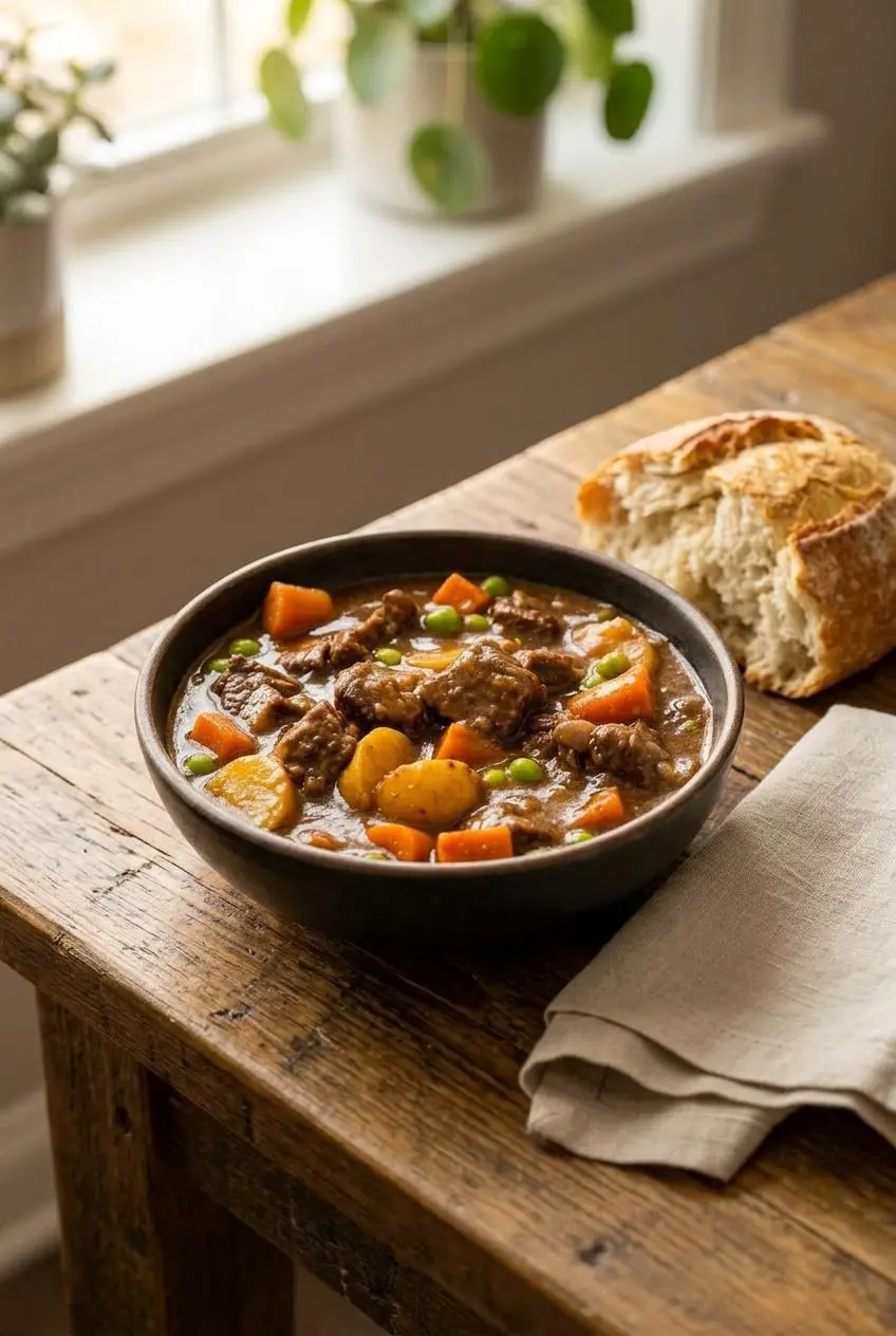 A bowl of slow cooker beef stew served on a wood table with a piece of crusty bread for dipping and a linen napkin.