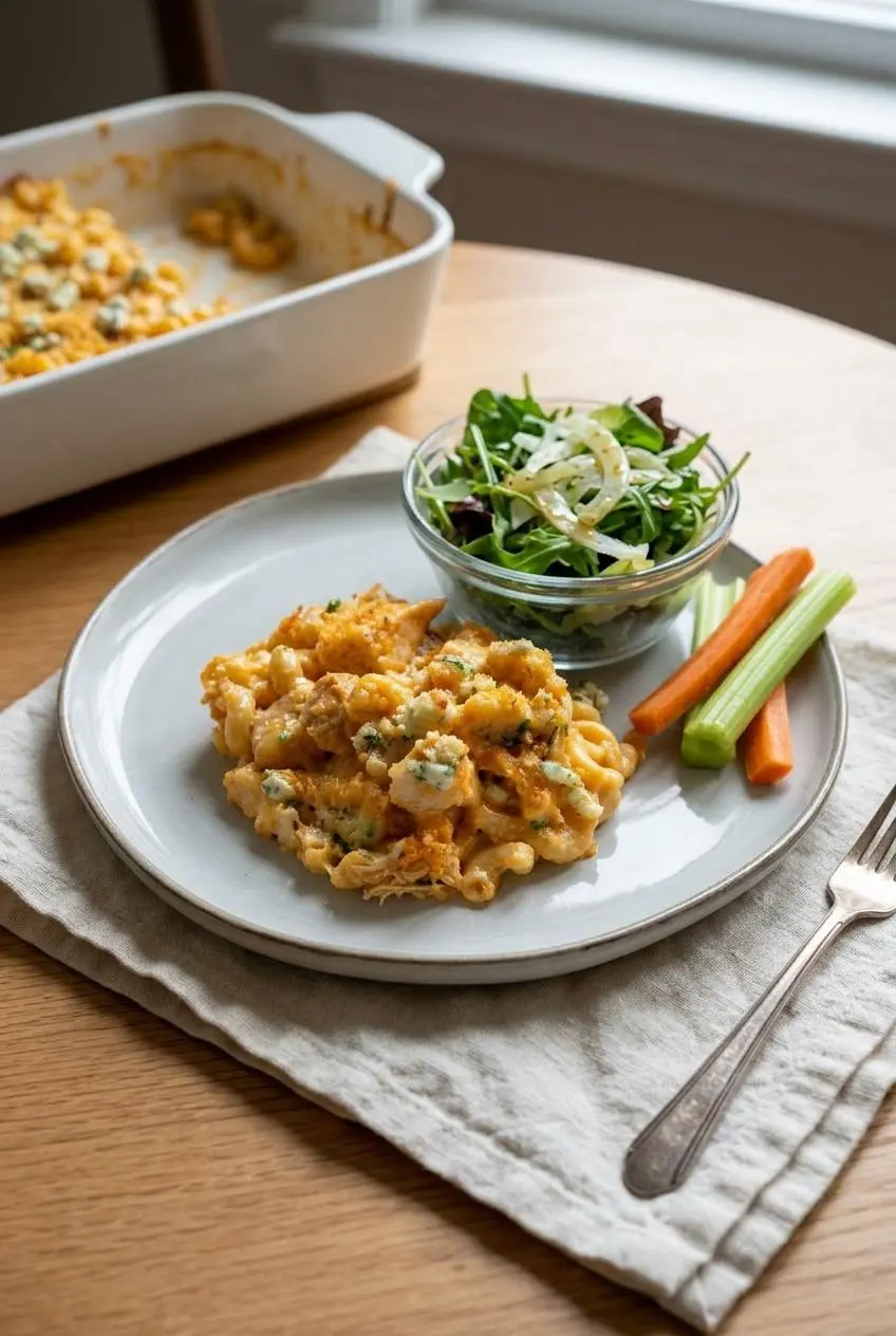 A serving of Buffalo Chicken Mac and Cheese on a plate, with a side salad in a small bowl and carrot and celery sticks.