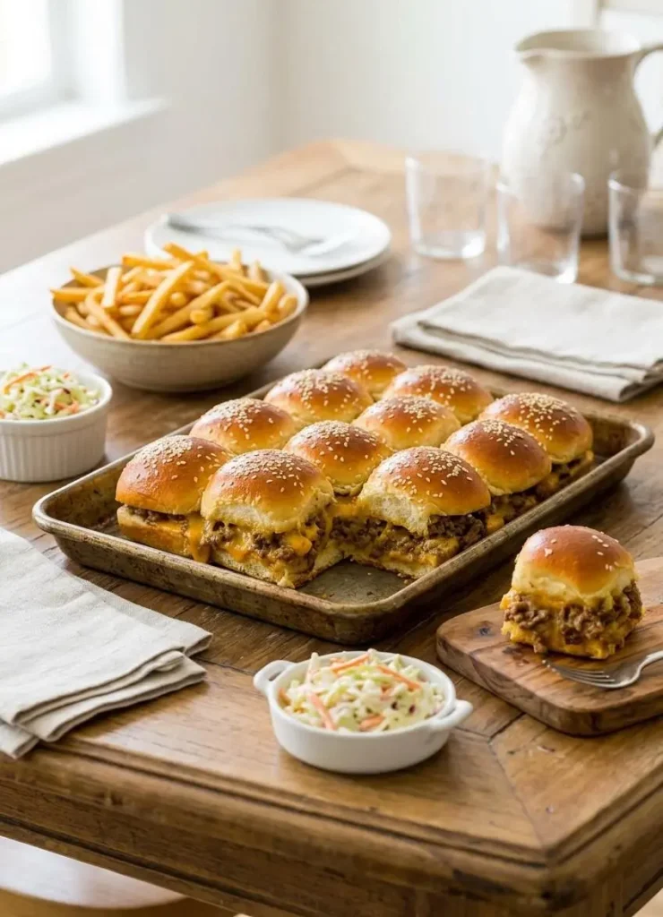 A pan of cheeseburger sliders served on a wooden table with a side of French fries and a bowl of creamy coleslaw for a party.
