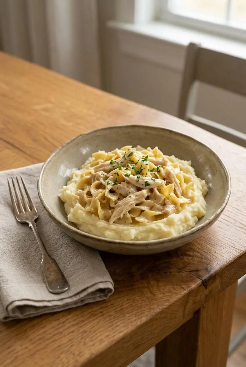 A serving of creamy chicken and noodles over a scoop of mashed potatoes in a rustic bowl, garnished with parsley.