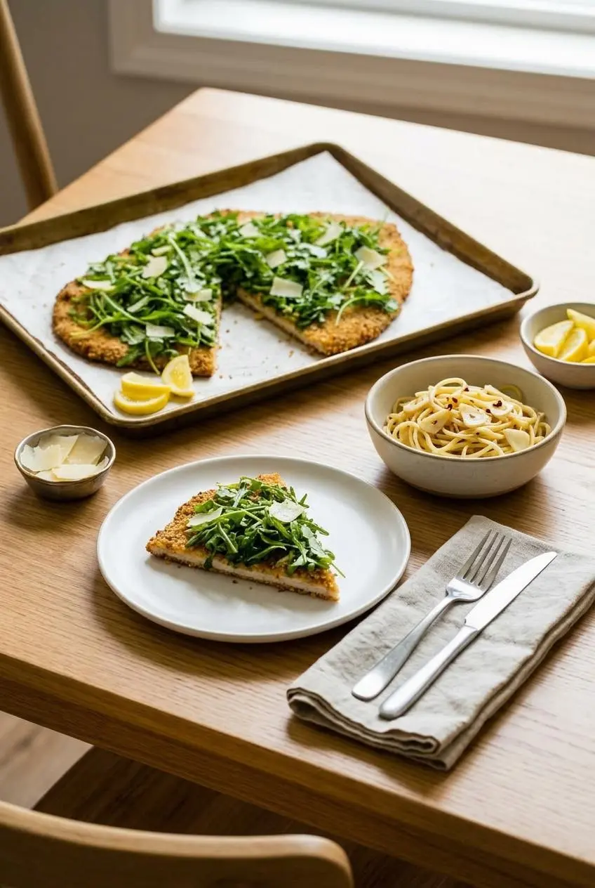A serving of giant chicken Milanese on a white plate with a side of pasta aglio e olio, a linen napkin, and a bowl of lemon wedges on a wood