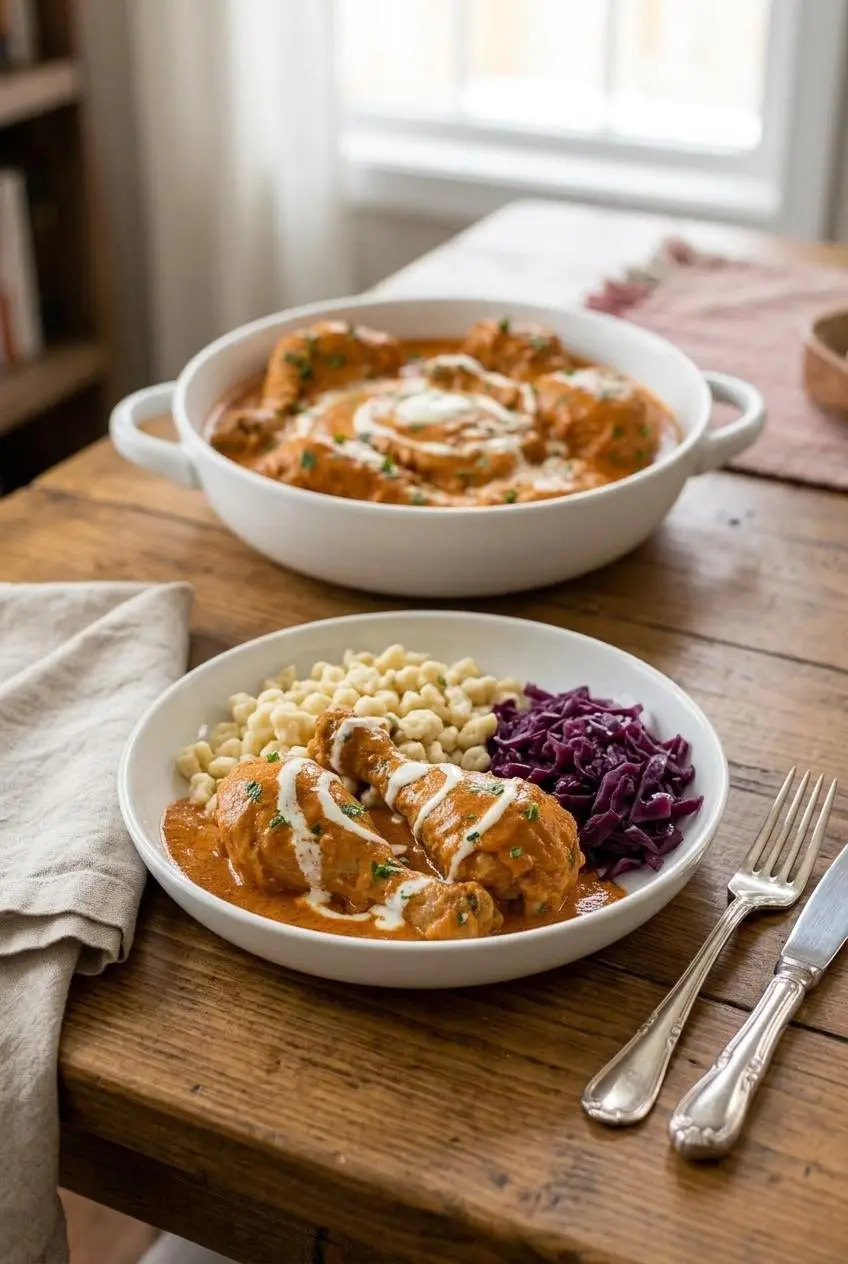 A shallow white bowl filled with chicken paprikash and its creamy sauce, served alongside a portion of traditional Hungarian nokedli