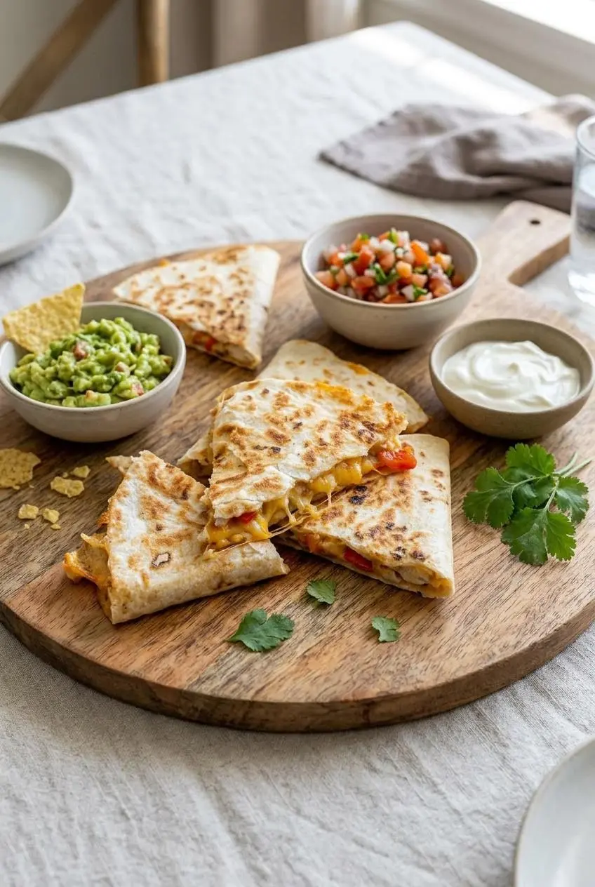 Chicken quesadilla wedges on a round wooden board served with small bowls of guacamole, pico de gallo, and sour cream.