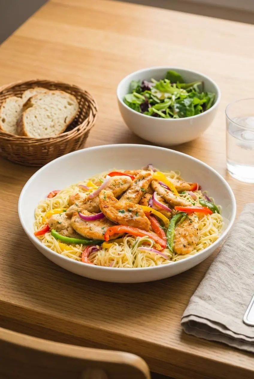 A dinner setting with a bowl of chicken scampi served on a wooden table alongside a simple green salad and a basket of crusty bread.