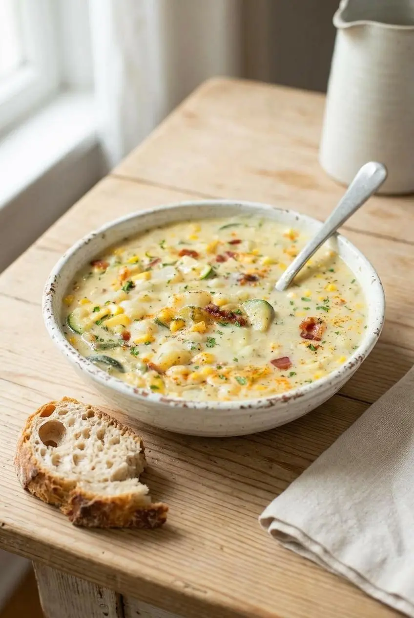 A full bowl of summer corn and zucchini chowder served on a light wood table next to a piece of torn, crusty sourdough bread.