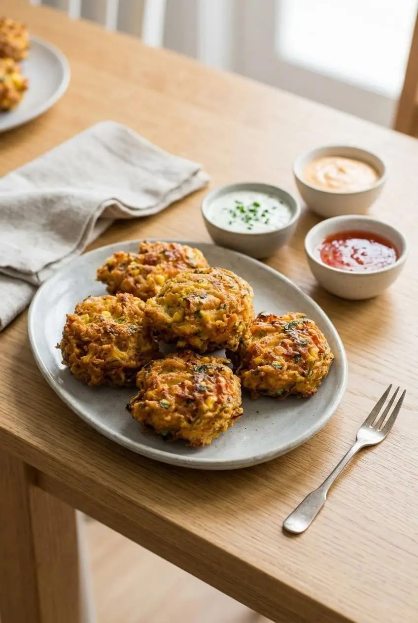 A platter of corn fritters on a light wooden table with three small bowls of dipping sauces: creamy ranch, orange spicy aioli, and red sweet