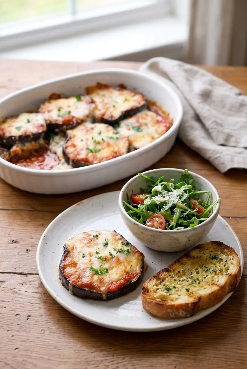 A serving of eggplant casserole on a white plate, served with a side of arugula salad and a piece of garlic bread on a wooden table.