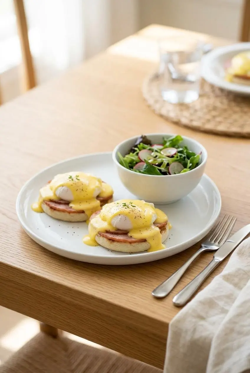 A serving of Eggs Benedict on a white plate, served on a light wooden table with a side salad in a small bowl and a linen napkin.