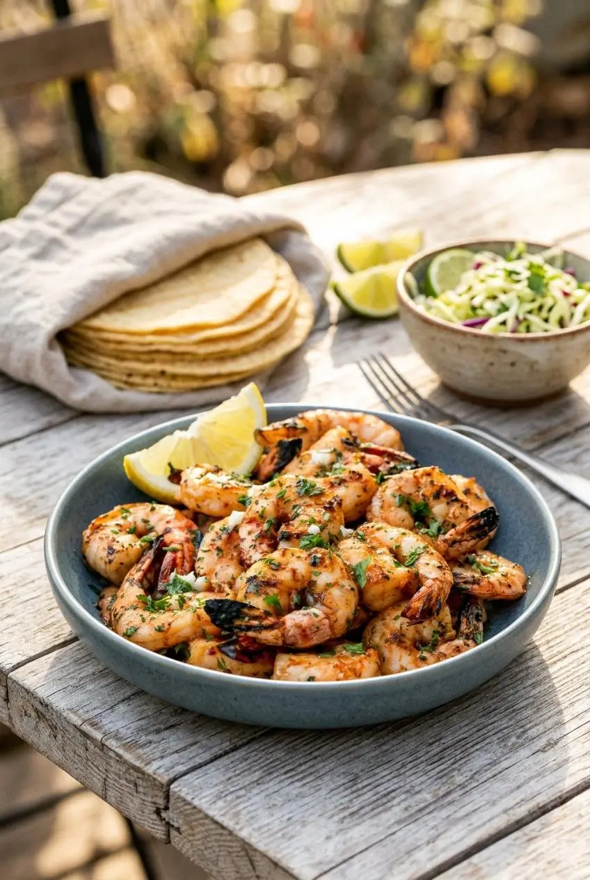 A blue bowl of grilled shrimp on a wooden table, with tortillas and a bowl of slaw blurred in the background for making shrimp tacos.