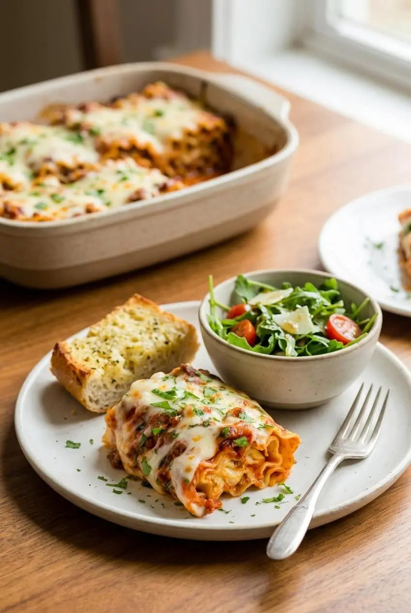 A dinner plate with two lasagna roll ups served next to a simple green salad and a piece of crusty garlic bread.