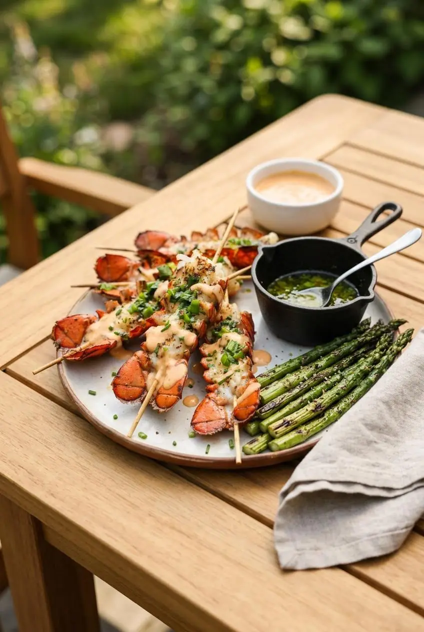 A platter of grilled lobster skewers served with a side of grilled asparagus and a bowl of Bang Bang sauce on a wooden outdoor table.