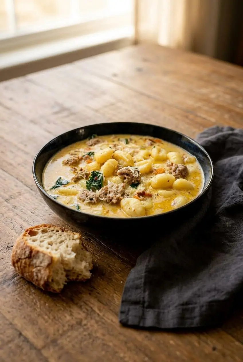 A bowl of sausage gnocchi soup on a wooden table, served with a piece of crusty bread for dipping.