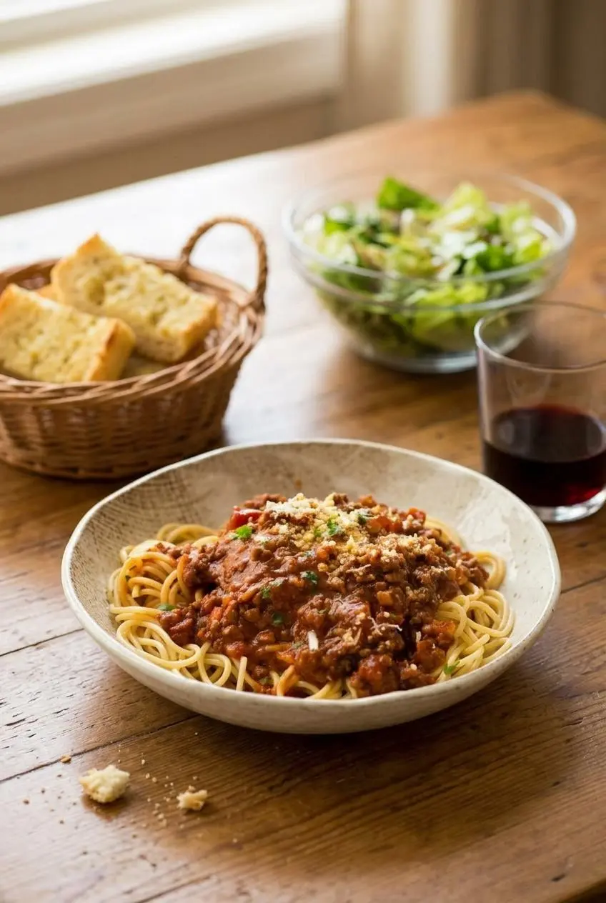 A dinner table set with a bowl of spaghetti bolognese, a glass of red wine, garlic bread, and a simple green salad in the background.