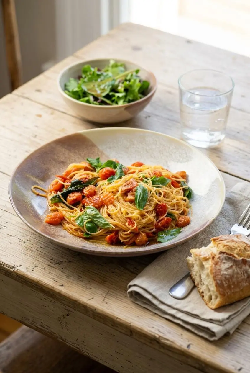 A bowl of tomato basil pasta served on a wooden table with a side of crusty bread, a simple green salad, and a glass of water.