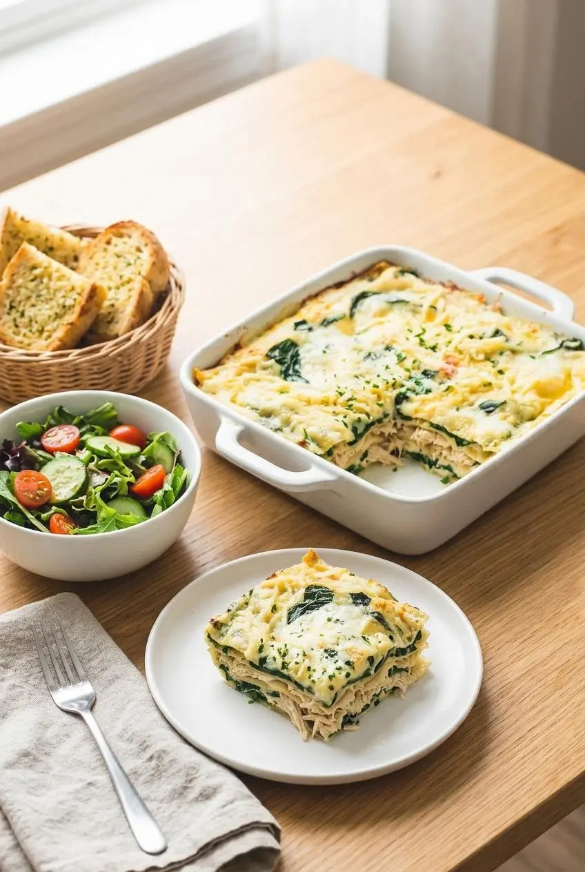 A dinner scene with white chicken lasagna in a baking dish, a served slice, a side salad, and a basket of garlic bread on a wooden table.