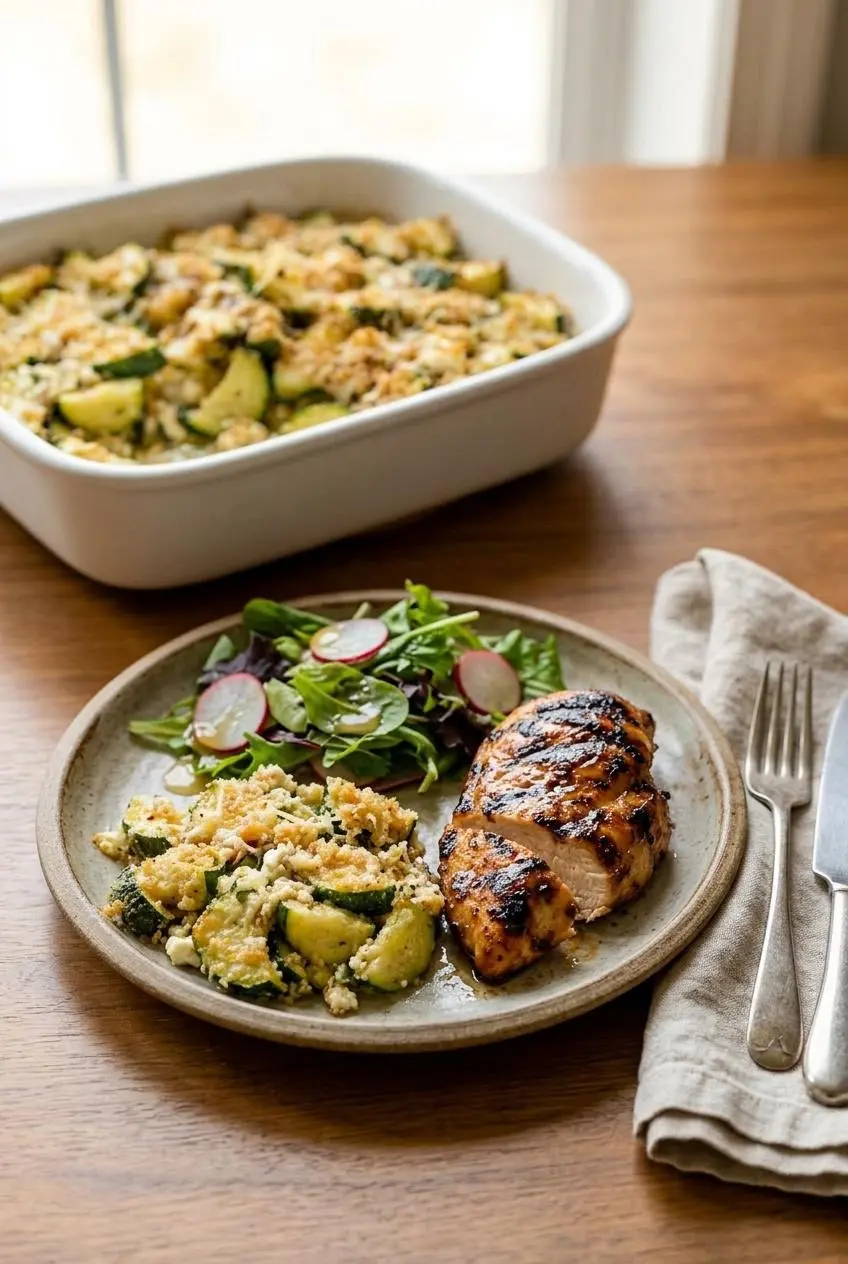 A serving of zucchini casserole on a rustic plate, served with a grilled chicken breast and a simple green salad for a complete meal.