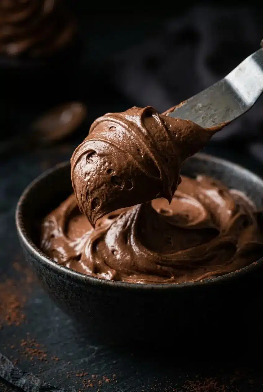 A close-up macro shot of an offset spatula lifting a large swirl of silky chocolate frosting, showing its light and airy texture.