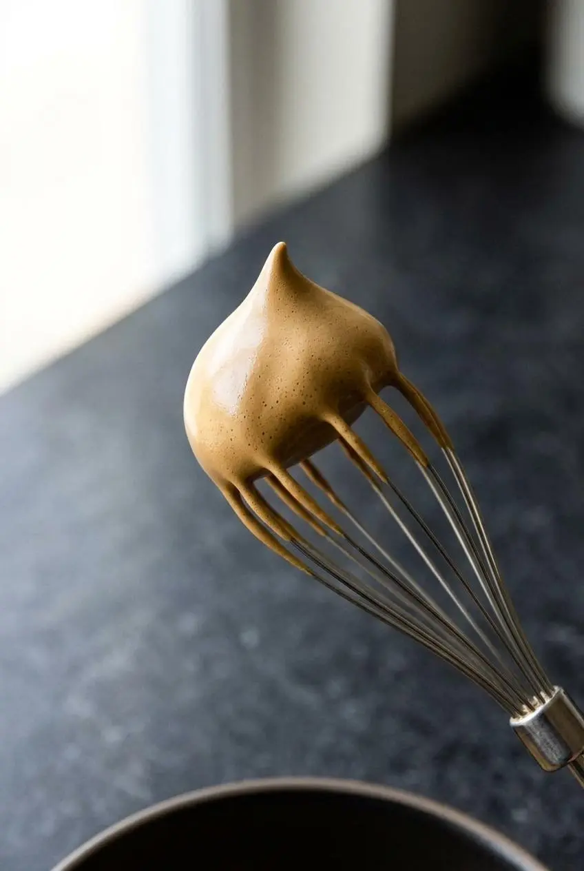 A close-up of a metal whisk from an electric mixer holding thick, glossy whipped coffee foam, demonstrating the perfect stiff peak.