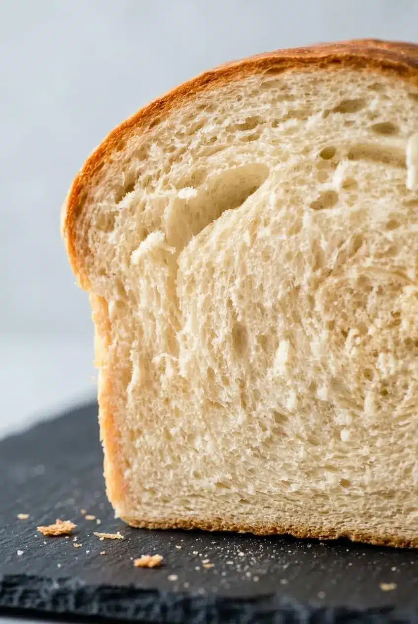 An extreme close-up of a slice of homemade white bread, highlighting the delicate, airy, and fluffy crumb structure against a dark slate