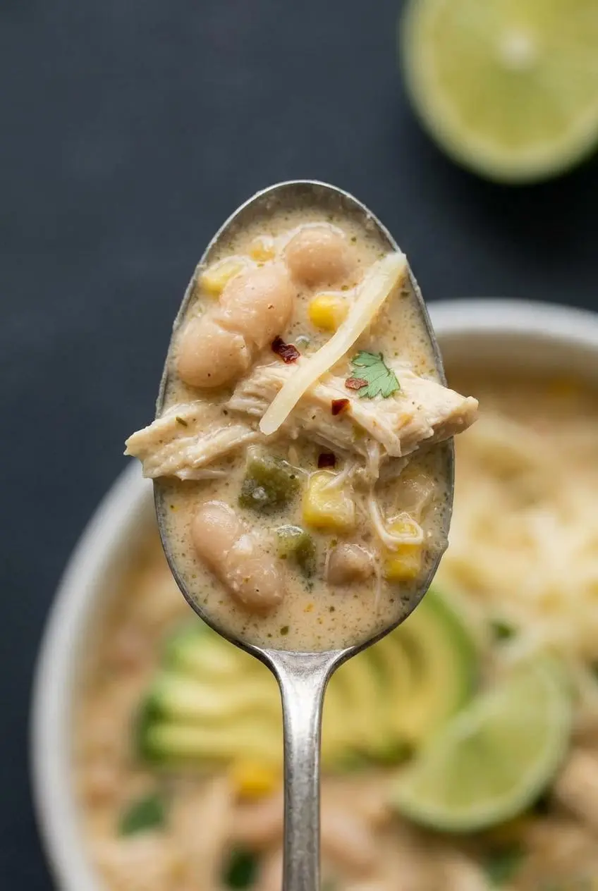 A close-up macro photo of a spoon lifting thick, creamy white chicken chili, showing the velvety broth with chicken and beans.